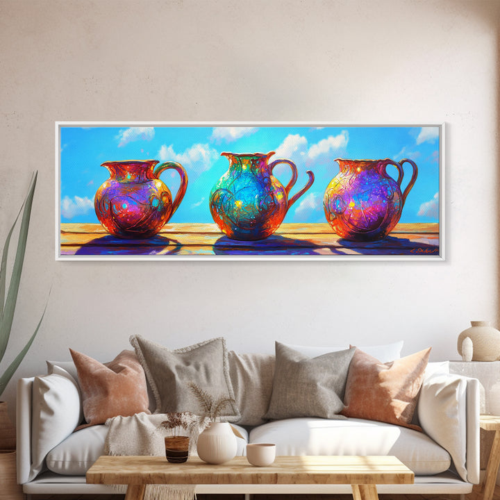 Three Colorful Ceramic Pitchers In Sunlit Courtyard Wall Art, Rustic Kitchen Decor, Mediterranean Canvas Print, Dining Room Art