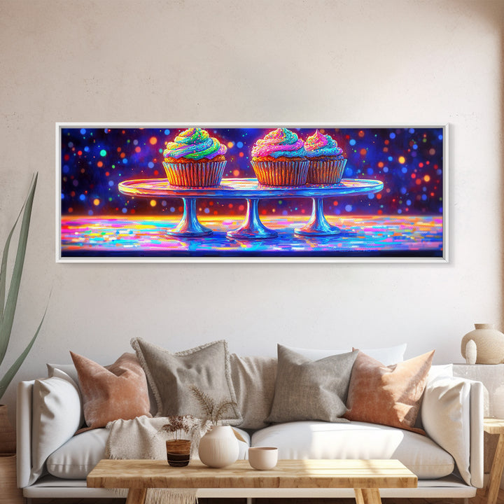 Rainbow Frosted Cupcakes On Glass Cake Stands Wall Art, Bakery Kitchen Decor, Dessert Art Print, Colorful Canvas Print Gift