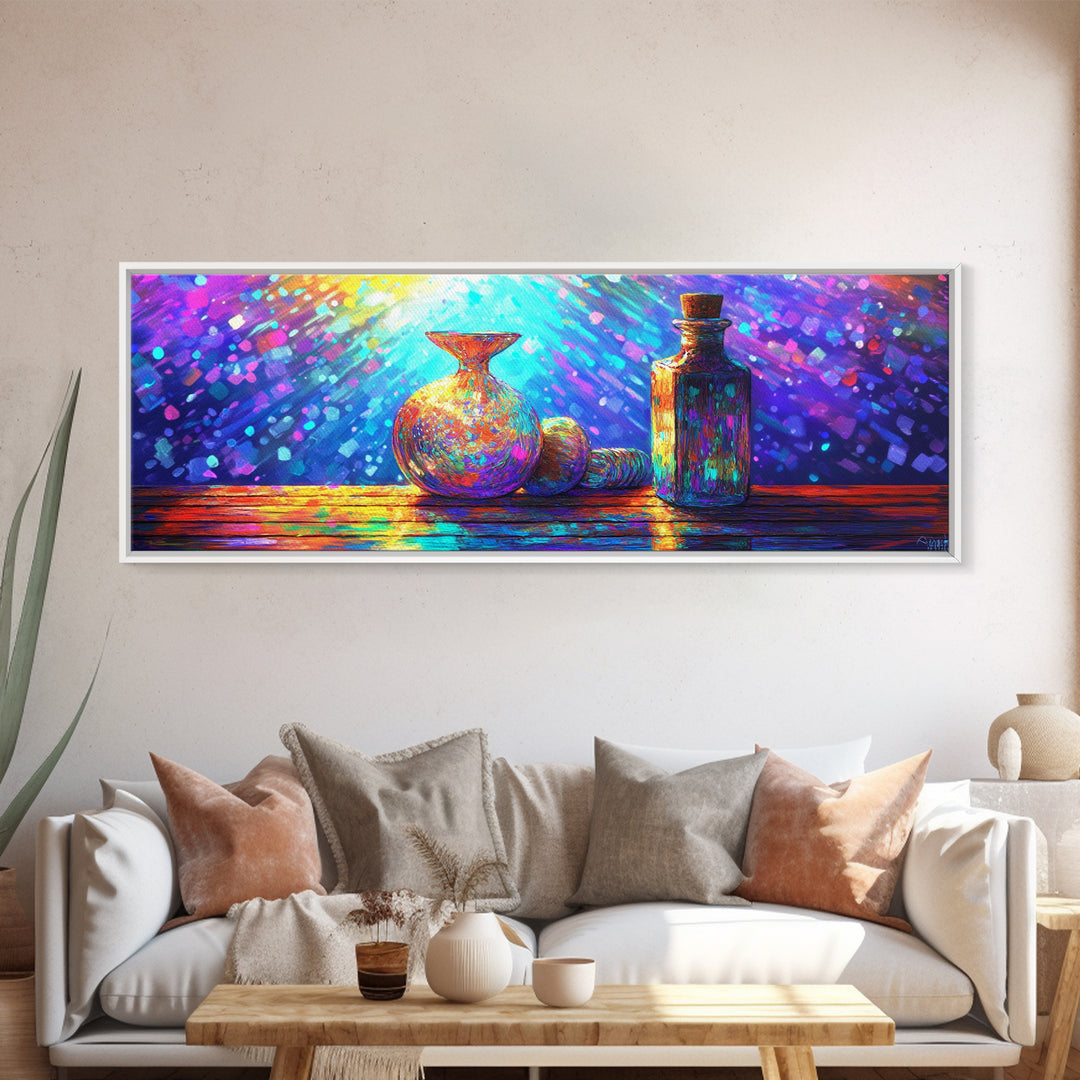 Radiant Glass Vase And Bottle Still Life Wall Art, Colorful Kitchen Decor, Modern Eclectic Art, Framed Canvas Print Gift
