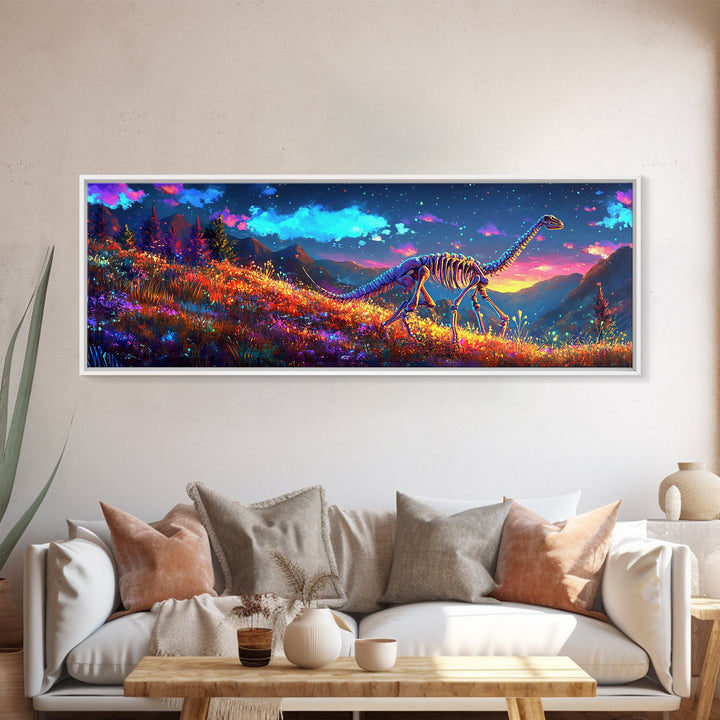 Glowing Dinosaur Skeleton In Mountain Meadow Canvas Print, Fantasy Wall Art, Landscape Art, Colorful Wall Decor, Kids Room Art