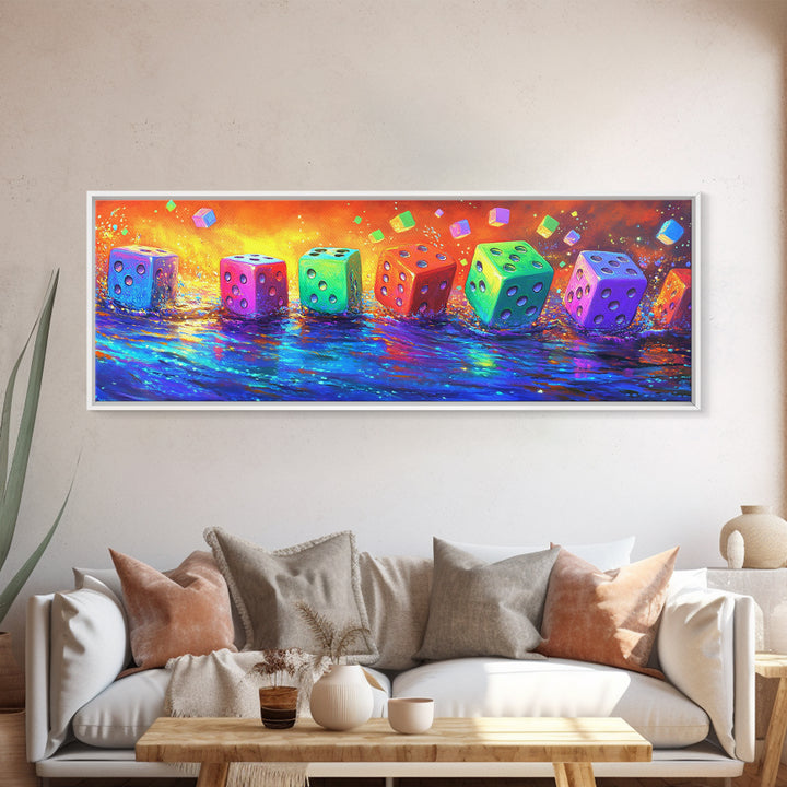 Row Of Rainbow Dice On Reflective Table Canvas Print, Game Room Wall Art, Colorful Wall Decor, Gamer Gift, Modern Wall Art