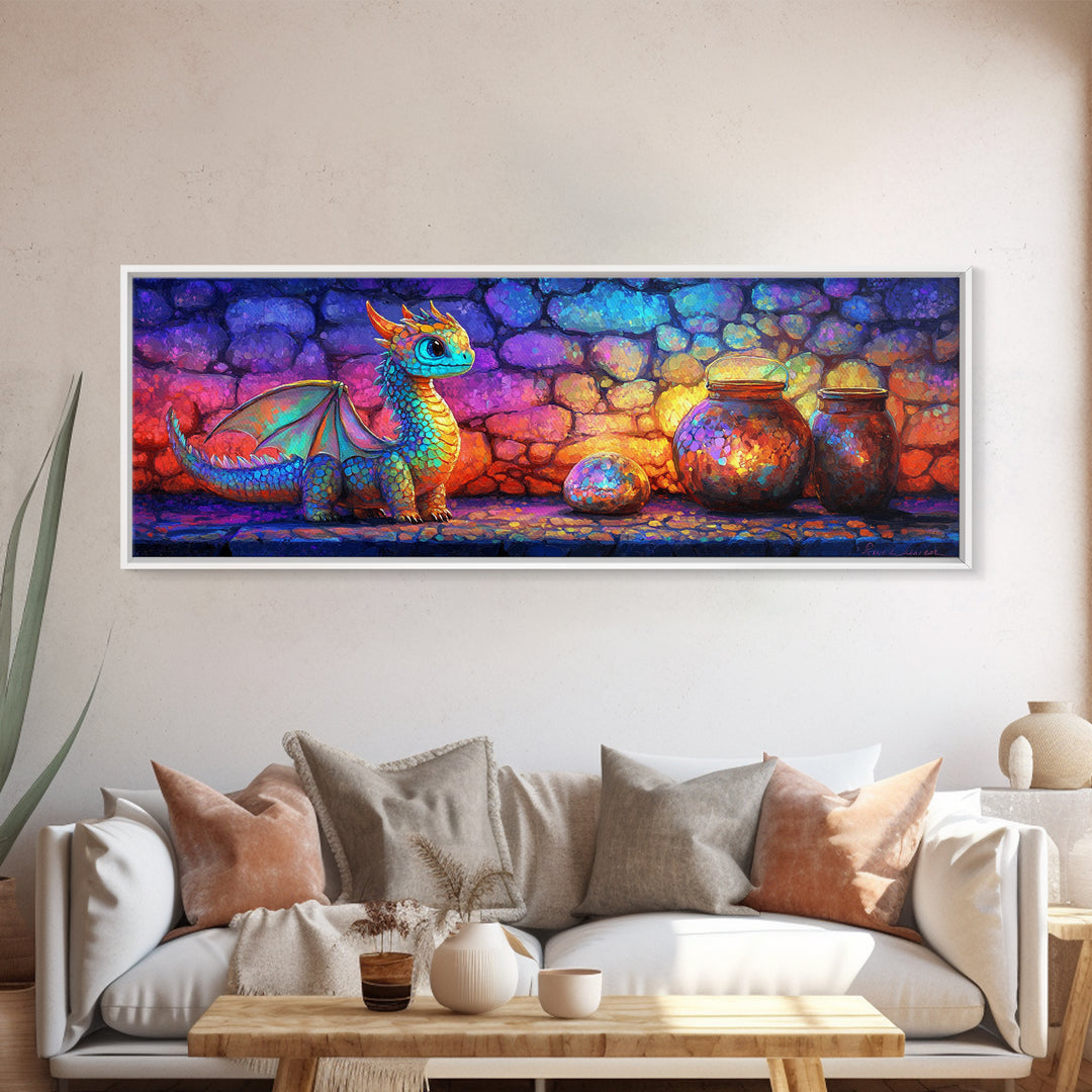 Cute Rainbow Dragon With Magic Jars Canvas Print, Fantasy Wall Art, Whimsical Decor, Kids Room Art, Nursery Wall Decor, Gift For Kids
