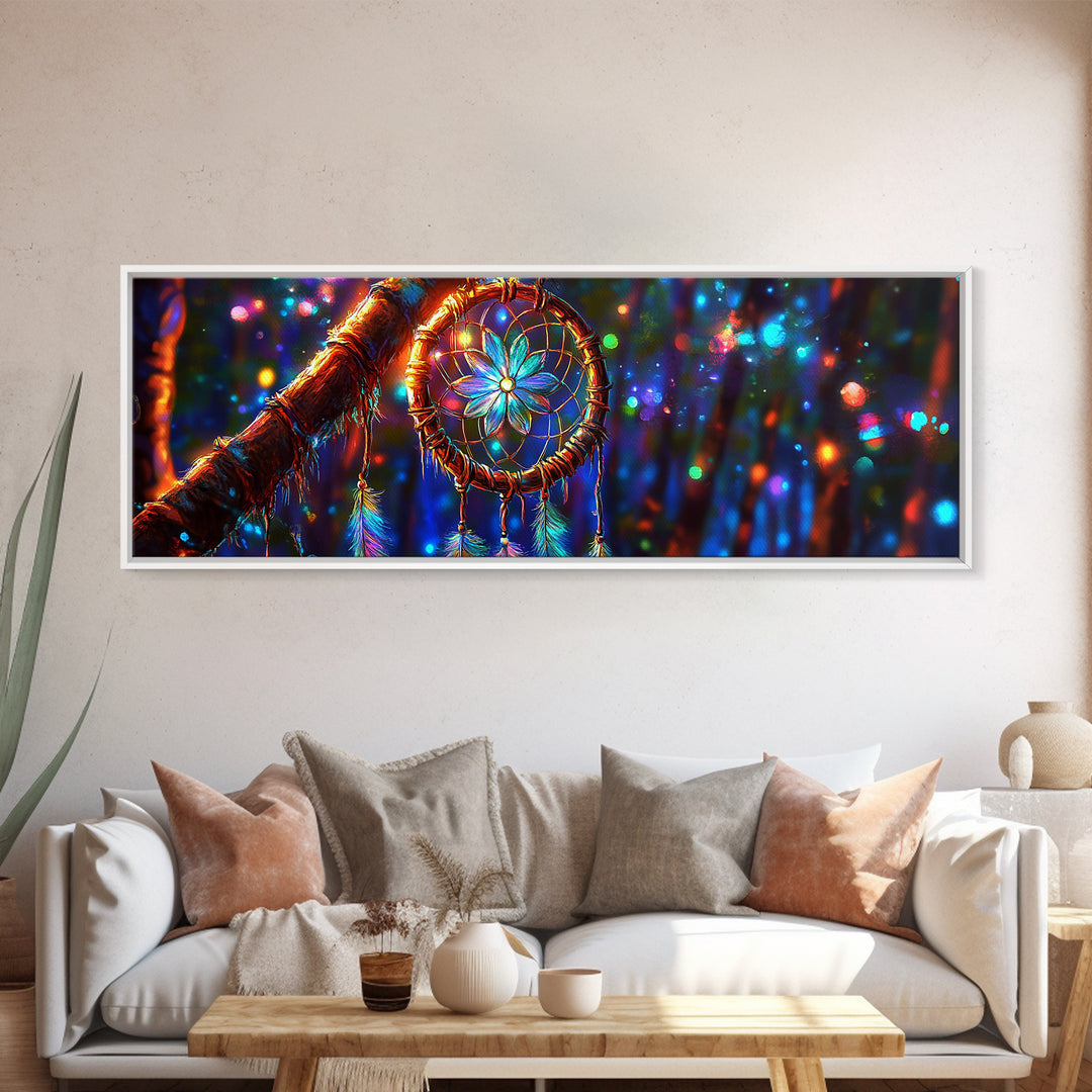 Glowing Dreamcatcher In Enchanted Forest Framed Canvas Print, Boho Wall Art, Spiritual Decor, Mystical Wall Decor Gift For Her