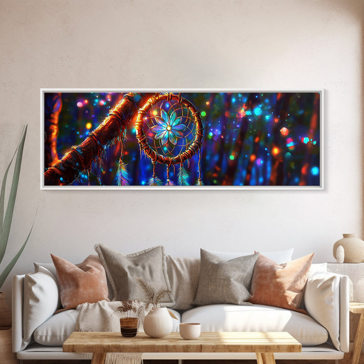 Glowing Dreamcatcher In Enchanted Forest Framed Canvas Print, Boho Wall Art, Spiritual Decor, Mystical Wall Decor Gift For Her