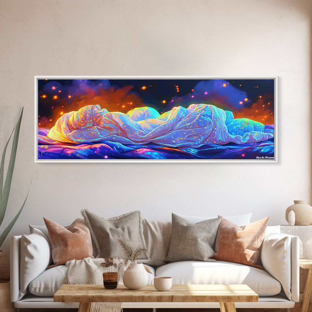 Glowing Sleeping Figure Under Starry Blanket Canvas Print, Sweet Dreams Wall Art, Cozy Bedroom Decor, Ethereal Dreamy Wall Decor