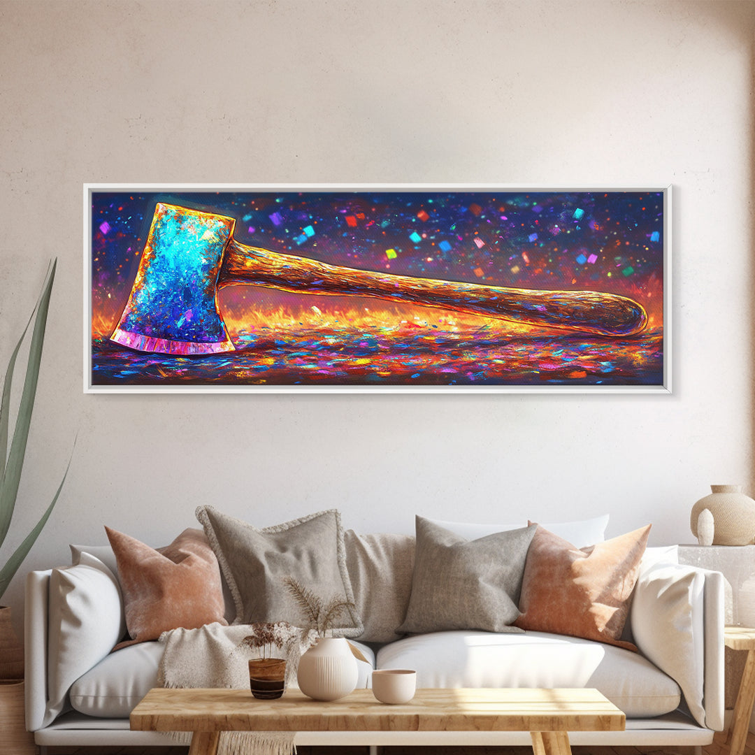 Vibrant Rainbow Axe On Glittering Ground Canvas Print, Rustic Wall Art, Garage Decor, Man Cave Decor, Unique Gift For Him