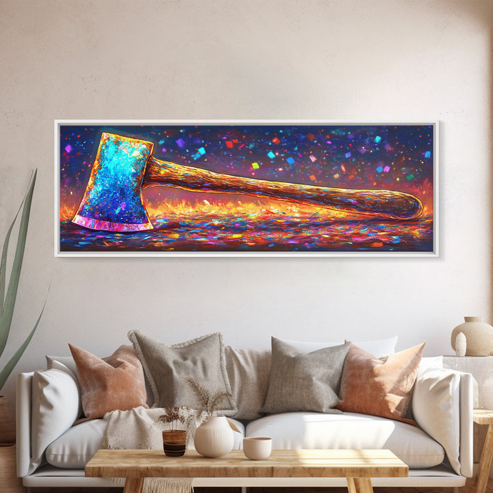 Vibrant Rainbow Axe On Glittering Ground Canvas Print, Rustic Wall Art, Garage Decor, Man Cave Decor, Unique Gift For Him