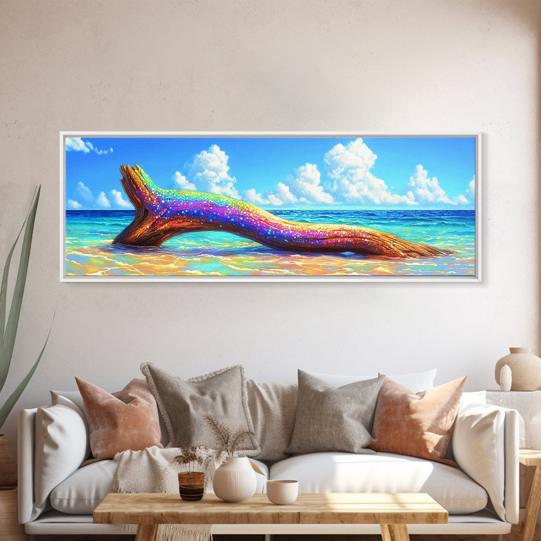 Rainbow Driftwood On Turquoise Beach Canvas Print, Coastal Wall Art, Beach House Decor, Ocean Wall Decor, Tropical Home Decor