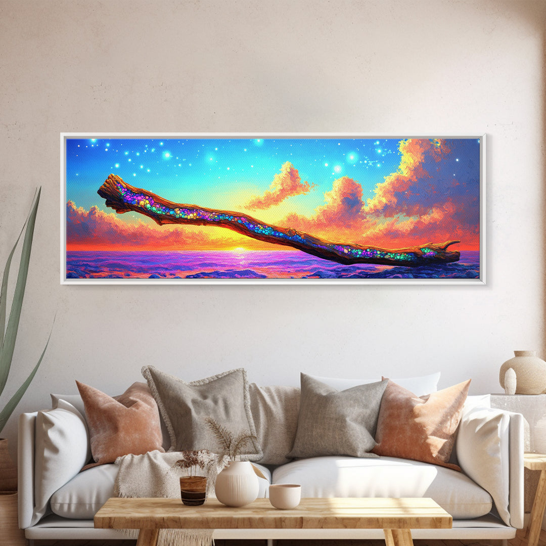 Glittering Branch Over Sunset Ocean Framed Canvas Print, Coastal Wall Art, Seascape Art, Beach House Decor, Summer Vibes