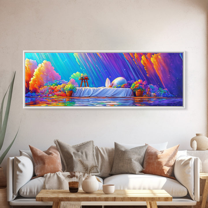 Surreal White Bed With Moonlit Egg Framed Canvas Print, Whimsical Wall Art, Maximalist Decor, Romantic Dreamy Bedroom Wall Decor