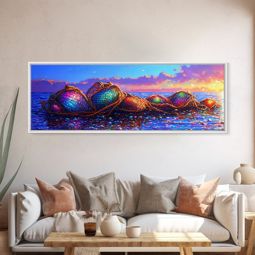 Rainbow Fishing Nets On Pebble Shore Framed Canvas Print, Coastal Wall Art, Beach House Decor, Nautical Living Room Decor