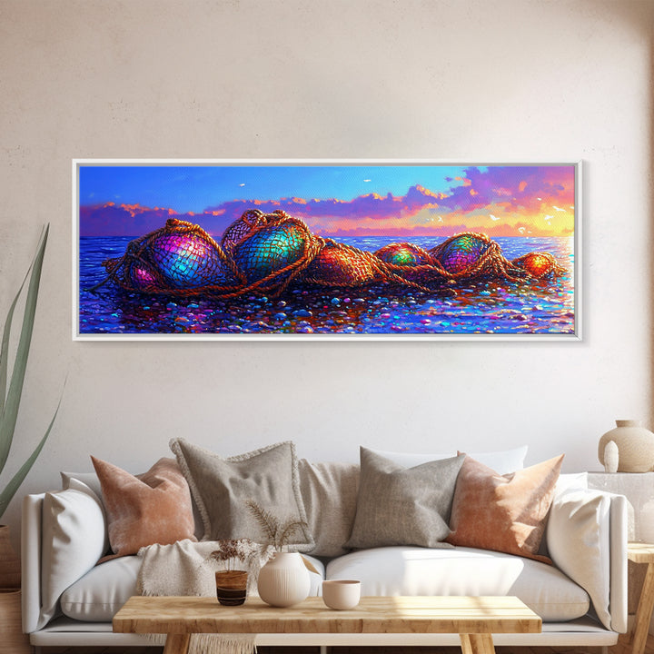 Rainbow Fishing Nets On Pebble Shore Framed Canvas Print, Coastal Wall Art, Beach House Decor, Nautical Living Room Decor