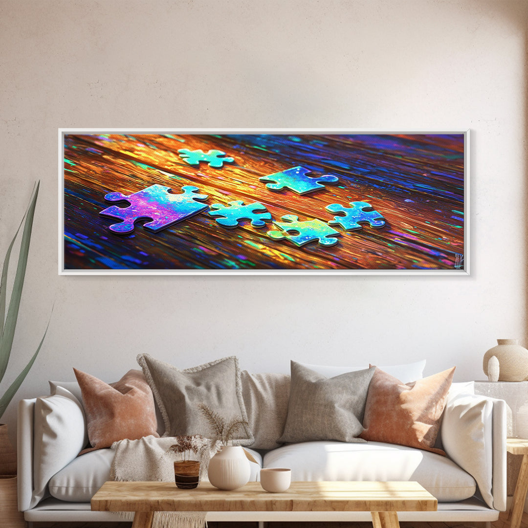 Rainbow Puzzle Pieces On Wood Table Canvas Print, Game Room Wall Art, Colorful Abstract Art, Playroom Decor, Unique Gift