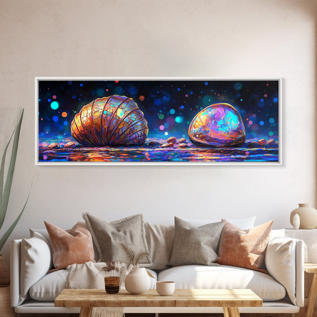 Glowing Seashell And Polished Stone Framed Canvas Print, Coastal Wall Art, Ocean Decor, Beach House Decor, Nautical Gift