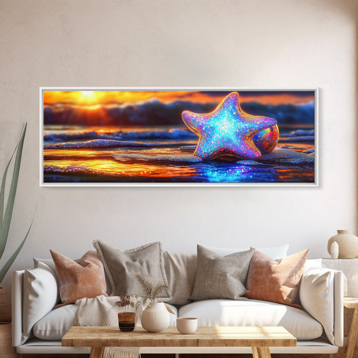 Glowing Starfish On Sunset Beach Wall Art, Coastal Canvas Print, Ocean Wall Decor, Beach House Gift, Colorful Seascape Art