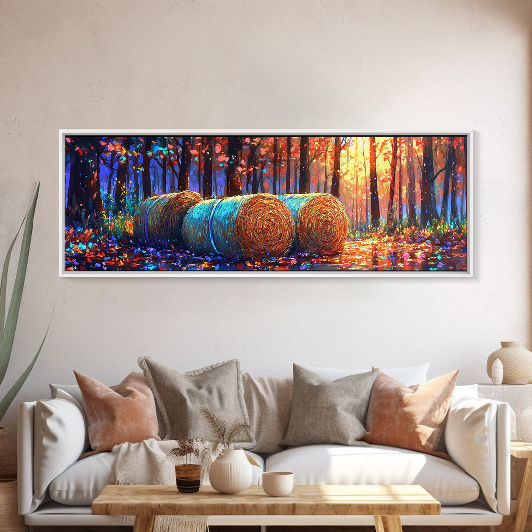 Golden Hay Bales In Autumn Forest Wall Art, Rustic Farmhouse Decor, Landscape Art Print, Country Home Decor, Cabin Wall Art