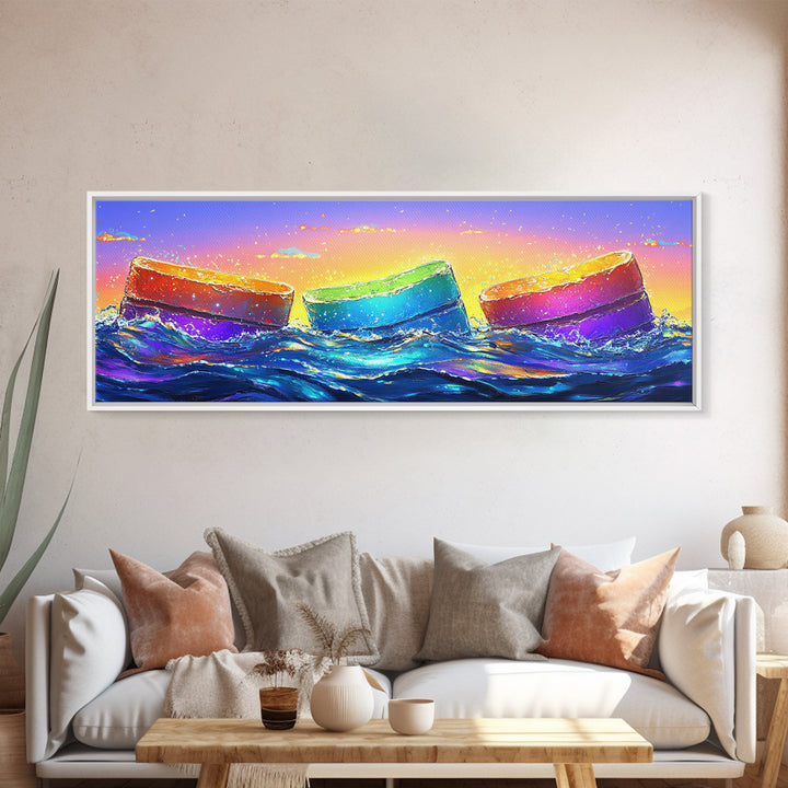 Rainbow Buoys In Ocean Waves Canvas Print, Coastal Wall Art, Colorful Beach House Decor, Modern Summer Living Room Wall Art
