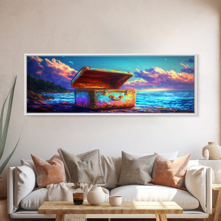 Open Treasure Chest On Neon Beach Canvas Print, Coastal Wall Art, Fantasy Ocean Decor, Beach House Decor, Housewarming Gift