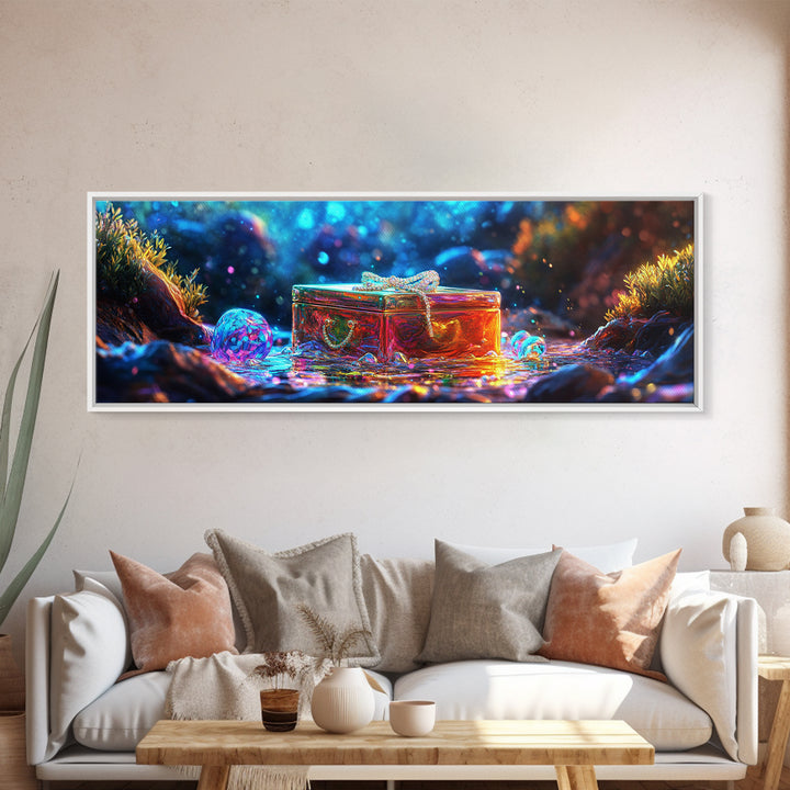 Glass Treasure Box In Magical Stream Framed Canvas Print, Fantasy Wall Art, Nature Inspired Art, Whimsical Home Decor, Gift