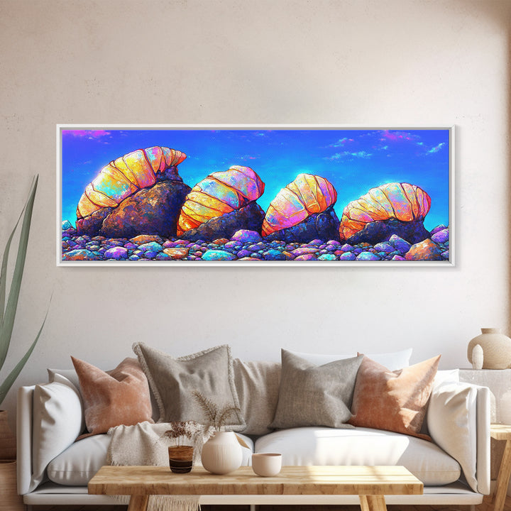 Iridescent Hermit Crabs On Pebble Shore Canvas Print, Coastal Wall Art, Beach House Decor, Ocean Art, Nautical Decor, Gift