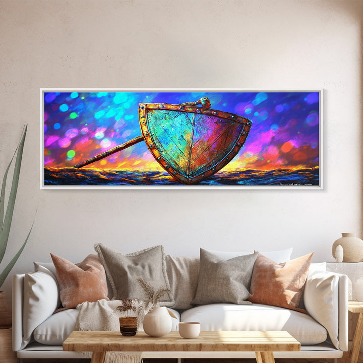 Iridescent Viking Shield And Spear Canvas Print, Fantasy Wall Art, Norse Decor, Medieval Warrior Gift For Him, Game Room Decor