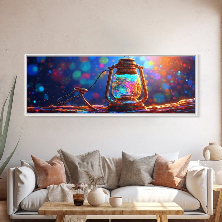 Glowing Jar Lantern With Rope Framed Canvas Print, Colorful Rustic Wall Art, Coastal Cabin Decor, Unique Housewarming Gift