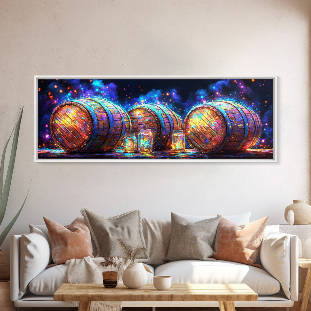 Glowing Whiskey Barrels And Mason Jars Canvas Print, Rustic Bar Wall Art, Winery Decor, Speakeasy Home Bar Decor Gift For Him