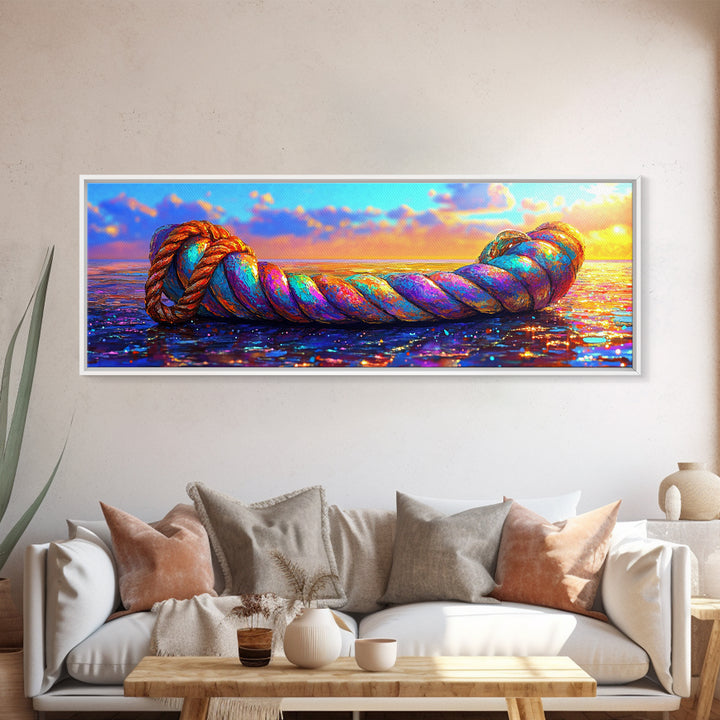 Rainbow Nautical Rope At Sunset Wall Art, Coastal Beach House Decor, Ocean Canvas Print, Tropical Seascape Art Gift For Her