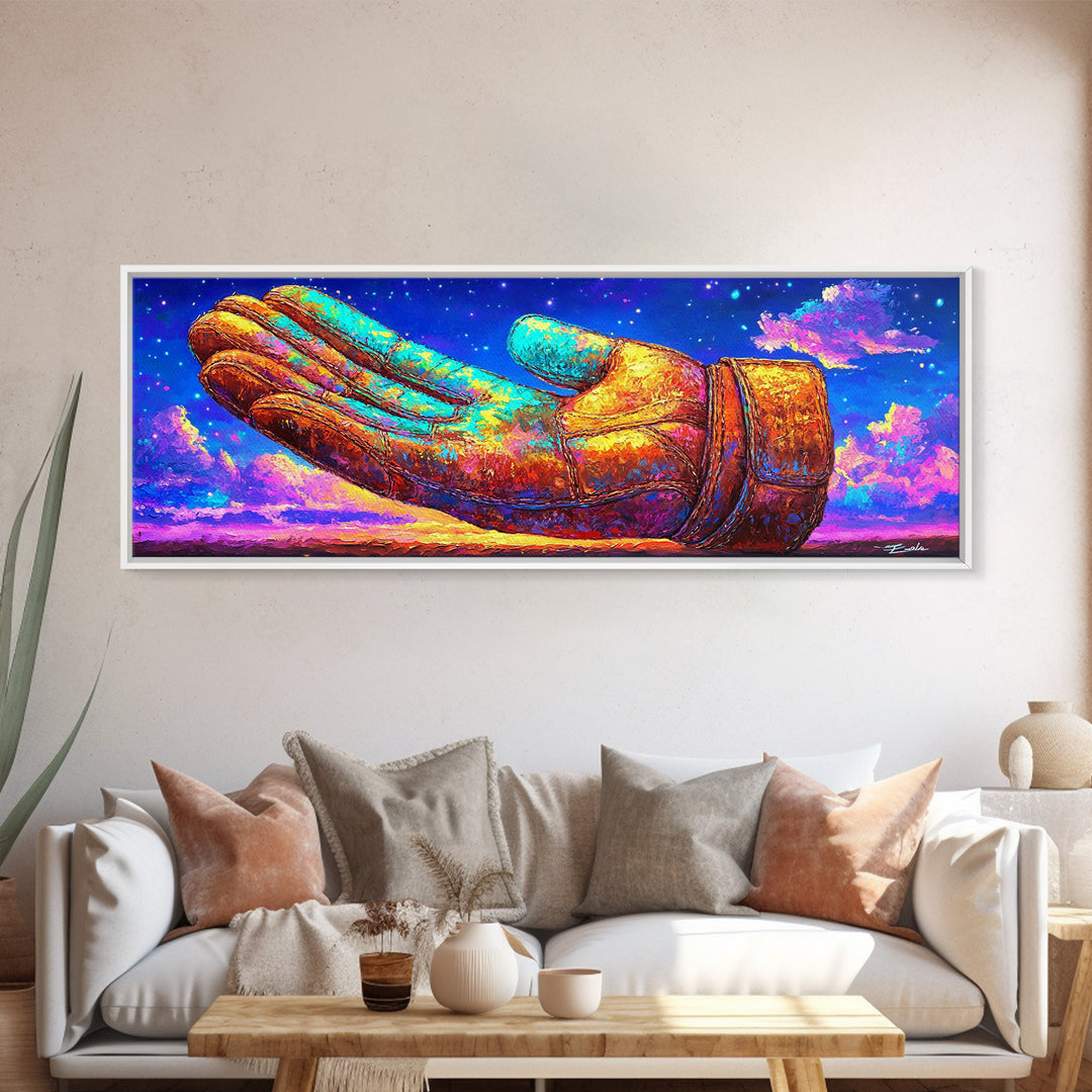 Surreal Leather Glove Floating In Starry Sky Canvas Print, Whimsical Fantasy Wall Art, Colorful Dream Decor, Unique Gift
