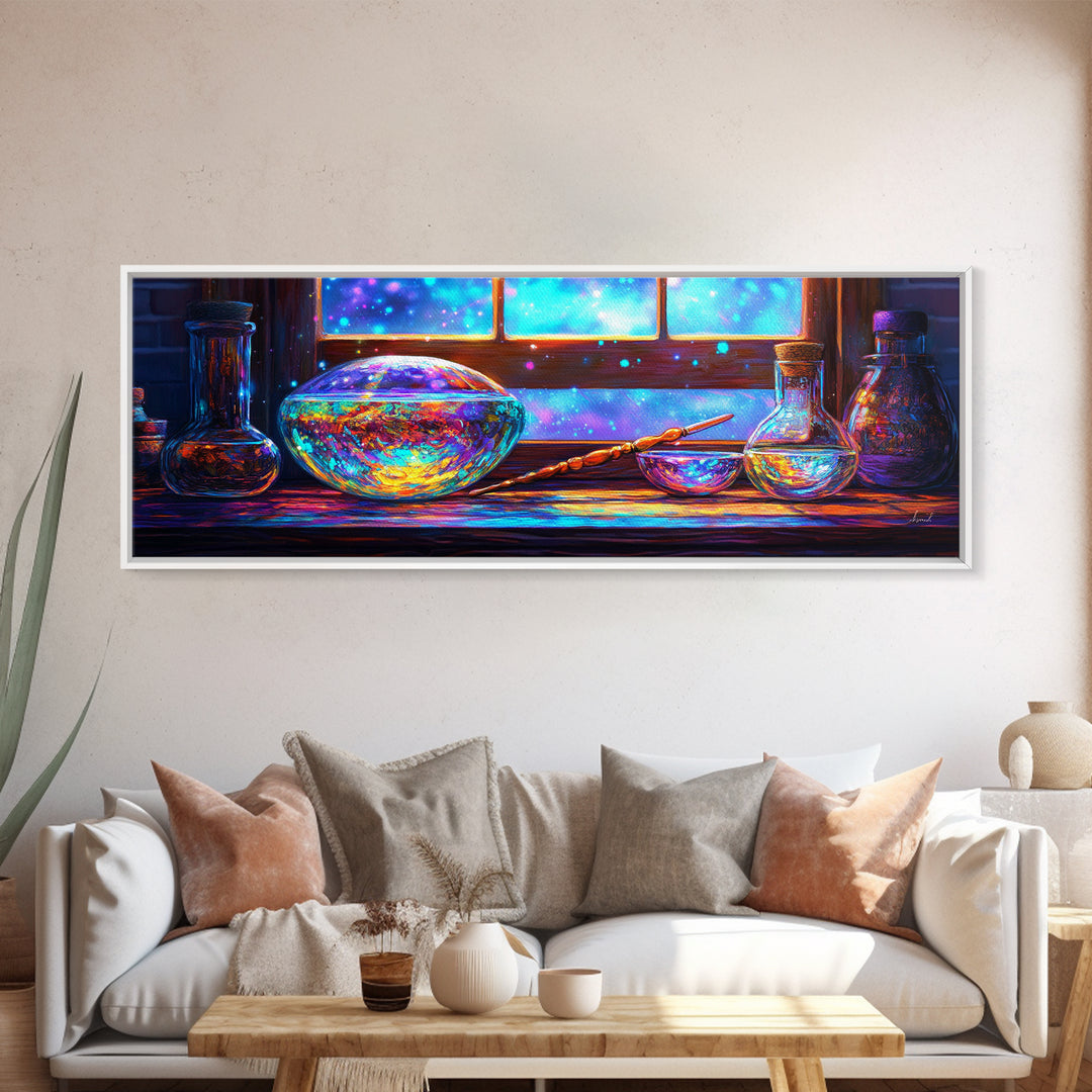 Enchanted Potion Bottles And Wand By Window, Fantasy Wall Art, Magical Canvas Print, Dark Academia Decor For Office Home Decor