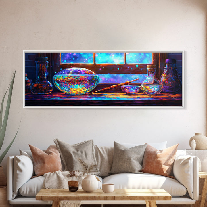 Enchanted Potion Bottles And Wand By Window, Fantasy Wall Art, Magical Canvas Print, Dark Academia Decor For Office Home Decor