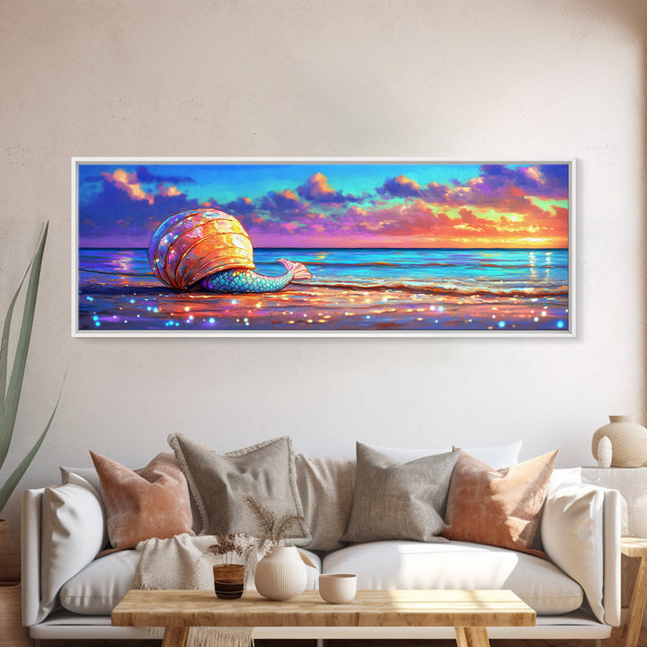 Glowing Seashell Mermaid Tail Wall Art, Coastal Canvas Print, Beach House Decor, Ocean Sunset Art For Nautical Nursery Room