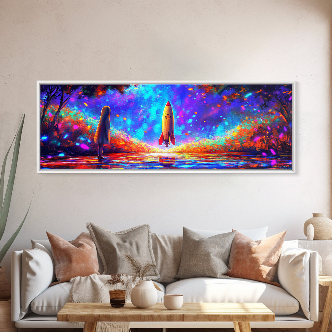 Rocket Launch Through Neon Forest Canvas Print, Futuristic Space Wall Art, Sci Fi Room Decor, Adventure Poster Gift For Him
