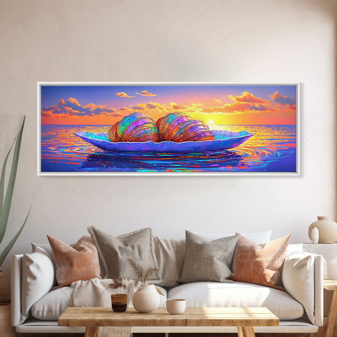 Rainbow Seashells On Ocean Leaf Canvas Print, Coastal Wall Art, Beach House Decor, Seascape Art Print, Blue Ocean Wall Decor