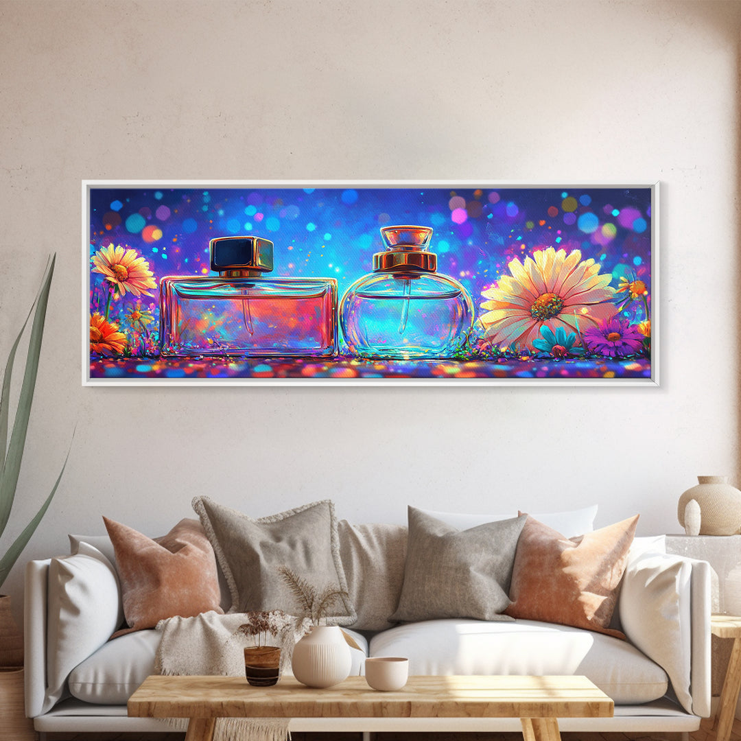 Glowing Perfume Bottles And Daisy Flowers Framed Canvas Print, Feminine Wall Art, Beauty Room Decor, Gift For Her, Vanity Decor