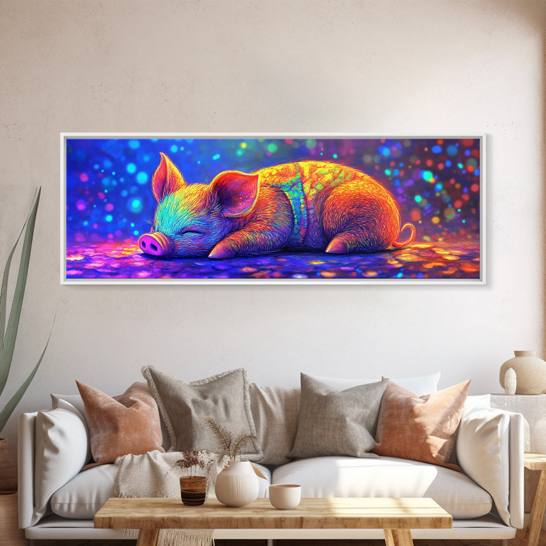 Sleeping Piglet In Rainbow Light Canvas Print, Cute Animal Wall Art, Nursery Decor, Farm Animal Art, Kids Room Wall Decor