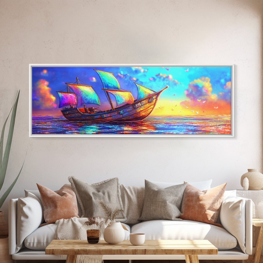 Colorful Fantasy Sailboat At Sunset Canvas Print, Nautical Coastal Wall Art, Ocean Landscape Decor, Beach House Gift Idea