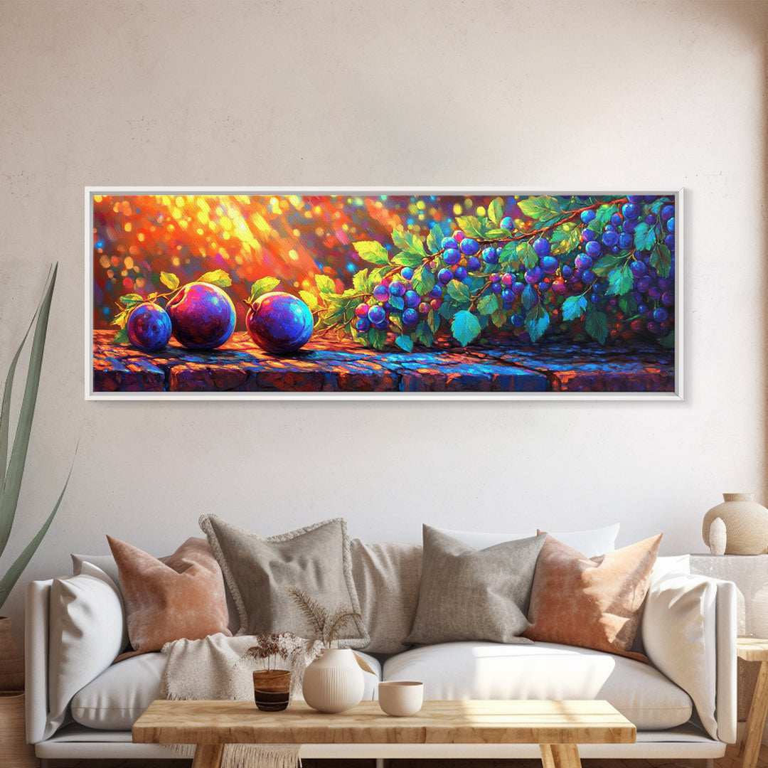 Sunlit Plums And Grapes Wall Art, Vibrant Fruit Canvas Print For Kitchen Decor, Winery Decor And Rustic Country Decor And Dining Room Prints