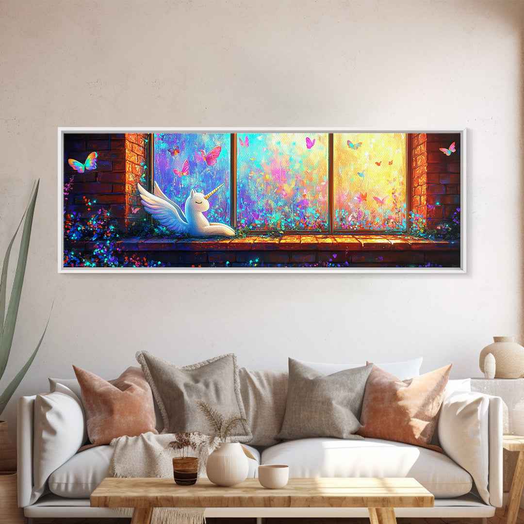 Sleeping Winged Unicorn On Window Sill Framed Canvas Print, Fantasy Wall Art, Butterfly Nursery Decor, Whimsical Gift For Her