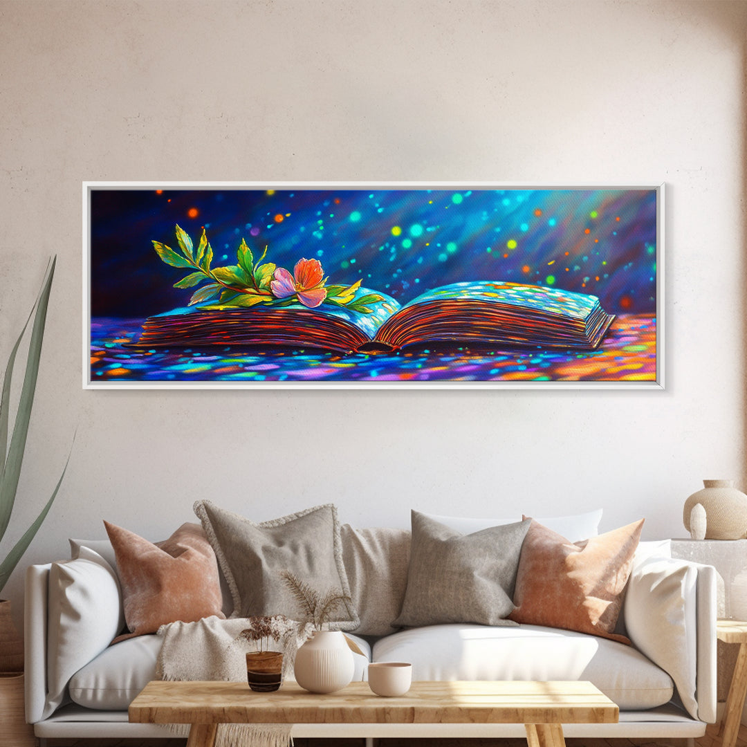 Magical Open Book With Flower Wall Art, Literary Canvas Print, Book Lover Decor, Cozy Library Reading Nook Decor Gift For Her