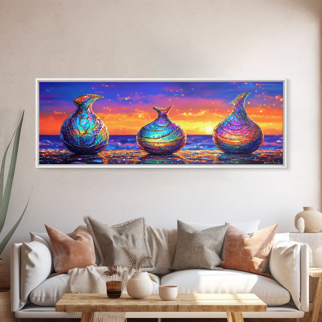 Iridescent Glass Vases At Ocean Sunset Framed Canvas Print, Coastal Wall Art, Colorful Still Life, Beach House Decor Gift