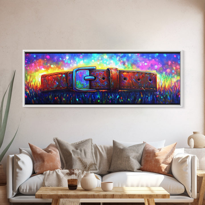 Weathered Leather Belt In Neon Grass Canvas Print, Rustic Wall Art, Western Decor, Masculine Office Decor, Unique Gift For Him