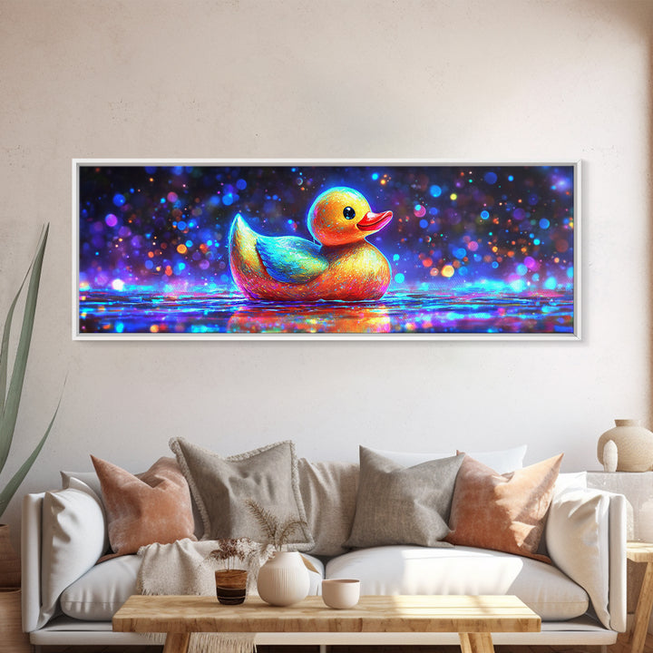 Rainbow Rubber Duck On Sparkling Water Wall Art, Whimsical Bathroom Decor, Kids Room Art, Cute Animal Canvas Print, Gift For Kids