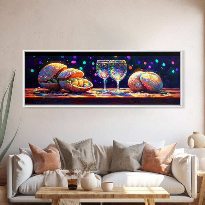 Iridescent Seashells And Wine Glasses Canvas Print, Coastal Kitchen Wall Art, Beach House Decor, Dining Room Print, Gift For Her