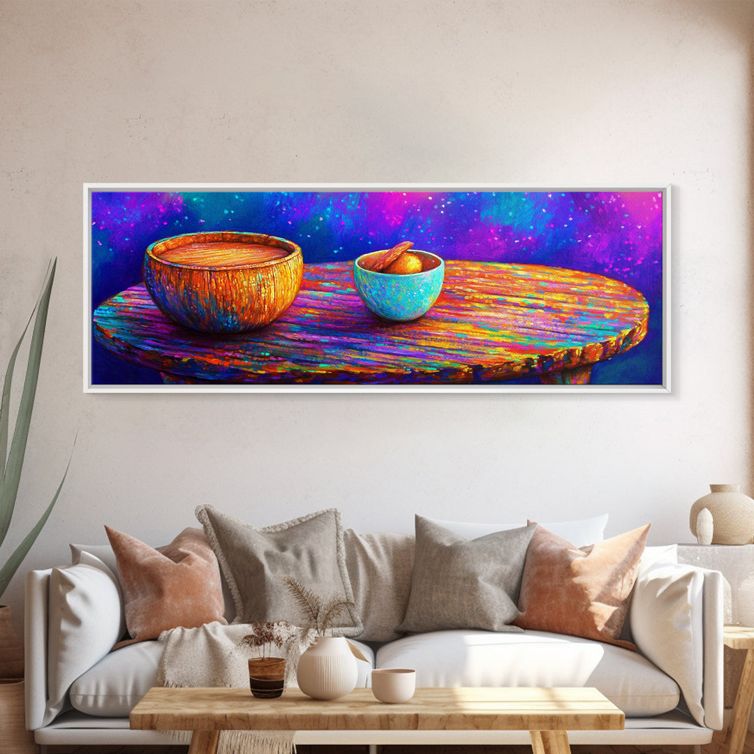 Rainbow Wooden Table And Bowls Canvas Print, Colorful Still Life Wall Art, Modern Kitchen Decor, Dopamine Dining Room Print