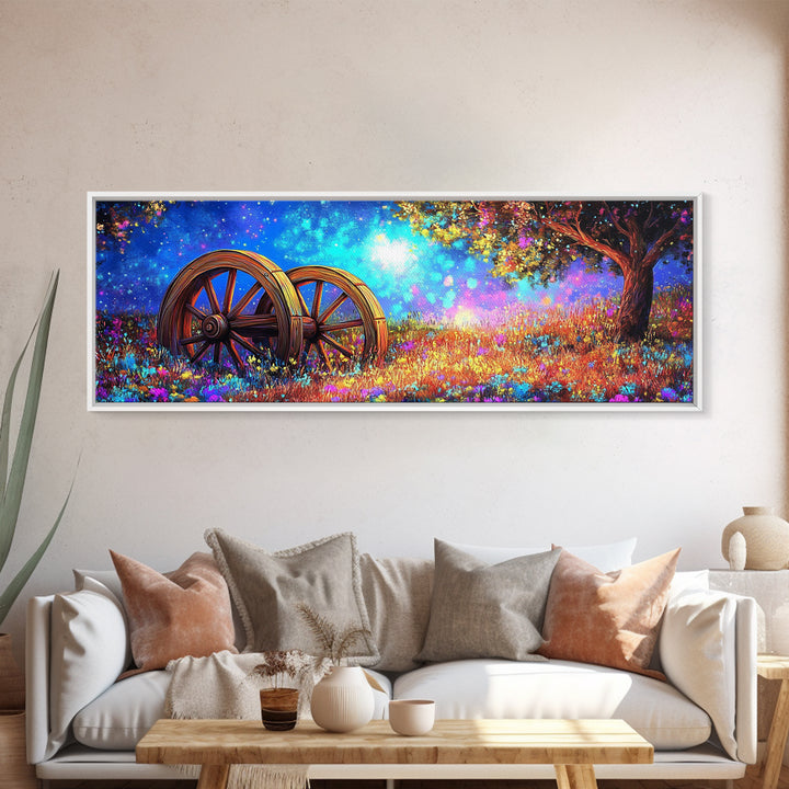 Starry Meadow Wagon Wheels Framed Canvas Print, Rustic Country Wall Art, Whimsical Landscape Decor, Farmhouse Home Gift