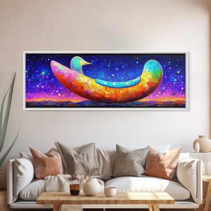 Rainbow Crescent Moon Bird Wall Art, Whimsical Celestial Canvas Print, Colorful Nursery Decor, Dreamy Kids Room Gift, Baby Shower Gift