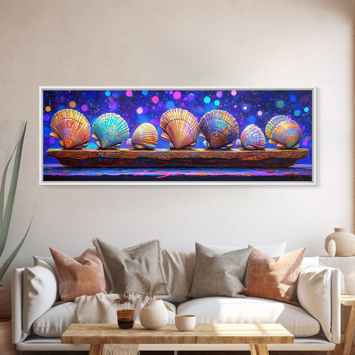 Rainbow Seashells On Driftwood Wall Art, Coastal Decor, Ocean Wall Art Print, Beach House Gallery Wall Gift Idea For Her