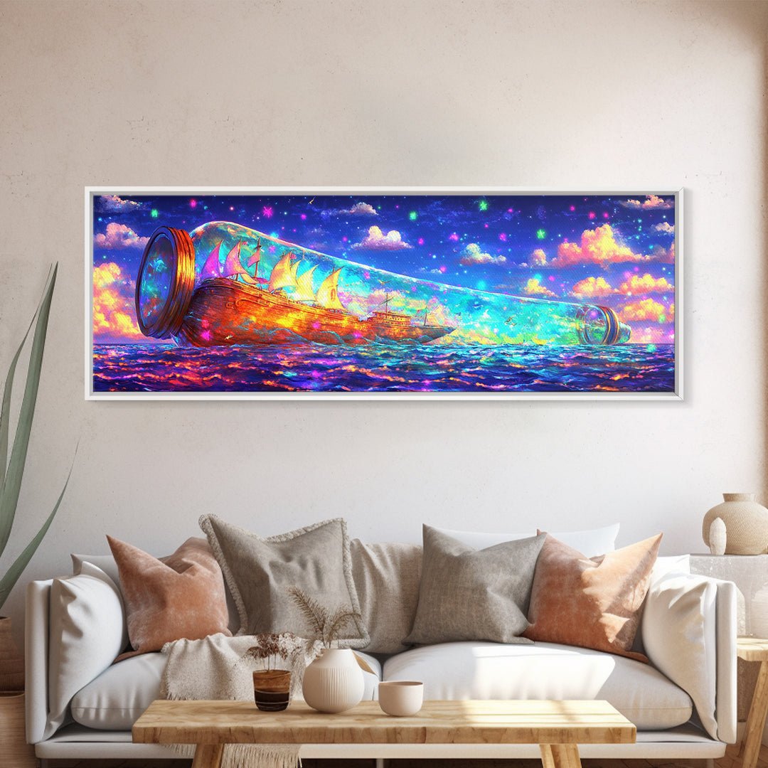 Glowing Message Bottle At Starry Sea Canvas Print, Fantasy Wall Art, Ocean Decor, Nautical Print, Whimsical Coastal Gift