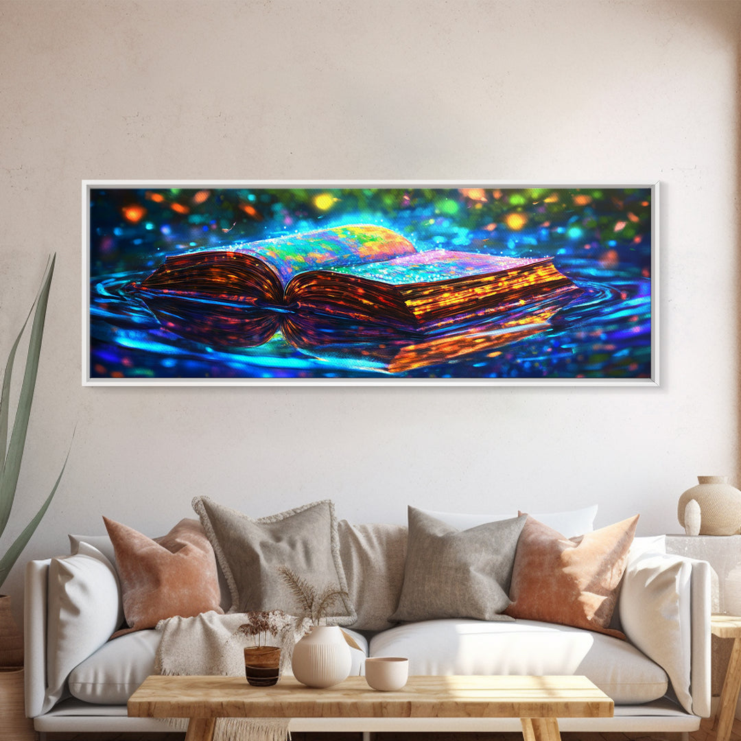 Glowing Open Book On Moonlit Water Canvas Print, Fantasy Wall Art, Library Decor, Book Lover Gift, Magical Reading Nook Art